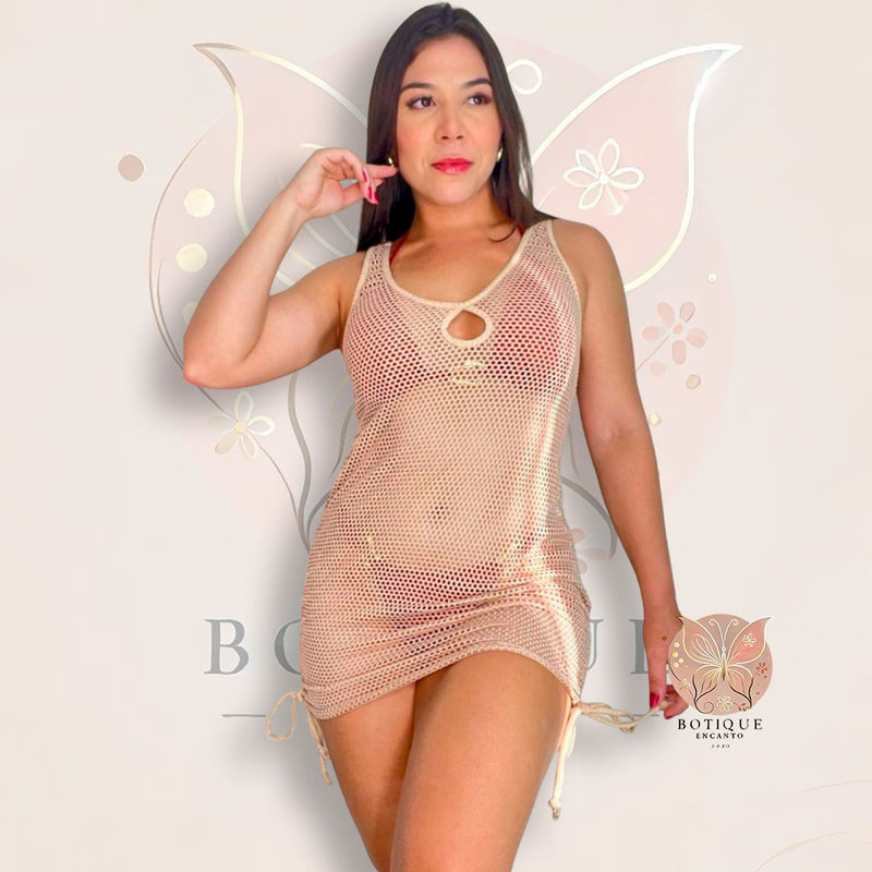 Saída de Praia Vestido em Tela com Ajuste Lateral